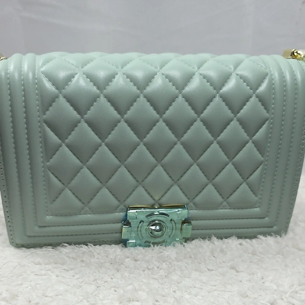 Quilted Mint Green Crossbody Bag with Gold Chain